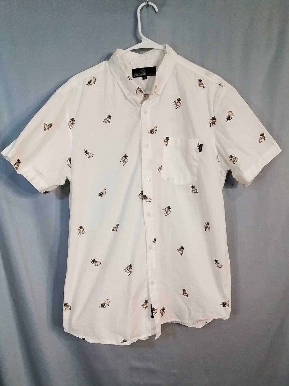 Molokai surf co.;  White button down with bulldogs